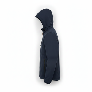 Men's Navy Hooded <b>Waterproof</b> PU <b>Jacket</b> Casual Autumn Zipper Closure Solid Color Front Logo Design - Product Image 3