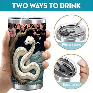 Vaso de Acero Inoxidable de 20 oz, Taza de Viaje de Doble Pared Aislada con Diseño de Flor de Cerezo y Serpiente - Product Image 5
