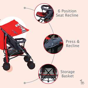 Polka Tots Cochecito de paraguas ligero-6 vías ajustables, toldo UV y arnés de seguridad de 5 puntos (rojo) - Product Image 2