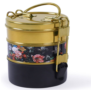 Vintage floral brass tiffin <b>box</b>, 3 tier green cream lunch <b>box</b>, traditional conical flower food carrier, at wholesale prices. - Product Image 3
