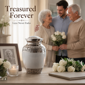 Urna Funeraria de Aluminio Blanca y Plateada de Primera Calidad para Cenizas Humanas |   Urna Funeraria Conmemorativa Grabada a Mano |   Decorativo para Adultos - Product Image 5