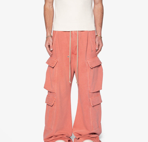 Pantalon cargo large pour homme en corail, taille élastique avec cordon de serrage, plusieurs poches, style décontracté d'été, tissu en toile - Product Image 1