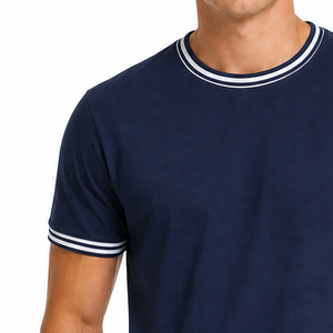 Custom OEM Men Short Sleeve T-Shirt <b>White</b> Double Tipped Cuffs Navy Blue Crewneck Casual Streetwear <b>Tee</b> - Product Image 3