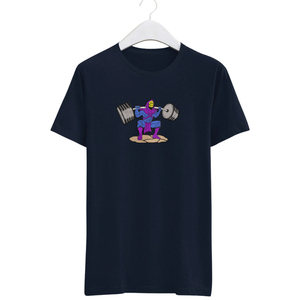 Camiseta de Manga Corta Azul Oscuro para Hombre con Estampado del Personaje Thanos Levantando la Barra, Cuello Redondo, Corte Regular, Algodón Jersey - Product Image 1
