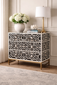 Console de rangement décorative en os incrusté, noir et blanc, avec tiroirs géométriques, pour salon et entrée - Product Image 2