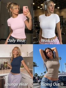 Camiseta Corta Negra de Manga Corta para Mujer, Cuello Redondo, Ajustada, Suave y Elástica, Informal, para Verano, Gimnasio, Ropa de Calle, Uso Diario - Product Image 6