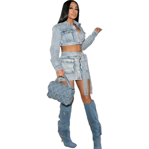 Women's Denim Crop Top Set With Matching Mini Skirt And Over The Knee <b>Boots</b> Light Blue Stonewashed Casual <b>Spring</b> Style - Product Image 3