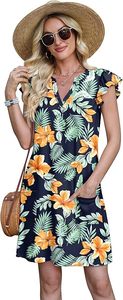 Vestidos de Primavera Verano para Mujer 2026, Casuales, con Volantes en las Mangas, Cuello en V, Holgados, con Bolsillos, Estampado Liso - Product Image 3