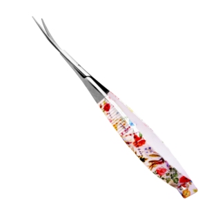 Tijeras para Cejas y Pestañas HARBOR INDUSTRY con Hoja Curva y Estampado Floral, para Diestros, de Alta Calidad, Acero Japonés VG10, con Funda de Cuero - Product Image 2