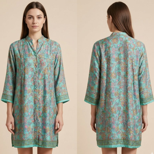 Tunique en soie bohème de luxe pour femme, taille unique, vert mousse de mer, motif floral corail, style Ibiza, coupe ample, col en V, élégante, décontractée, pour la plage et les stations balnéaires - Product Image 3