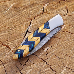 Cuchillo de bolsillo plegable EDC de acero de Damasco hecho a mano, nuevo diseño 2026, de venta caliente, con punta caída y mango de madera de Pakka oliva, OEM industrial - Product Image 2