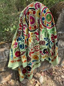 Hand Embroidered Suzani <b>Quilt</b> – Colorful Bohemian Cotton <b>Bedspread</b> - Product Image 4