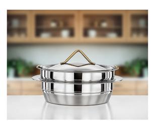 Plat rond en acier inoxydable argenté avec couvercle et poignée, idéal pour servir des plats chauds lors de mariages, de fêtes ou comme décoration de table. - Product Image 3