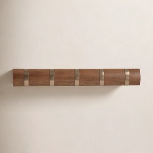 Minimalist <b>Wooden</b> Wall <b>Rail</b> With Metal Accents 5 Hooks For <b>Clothing</b> Storage Drill Installation - Product Image 1