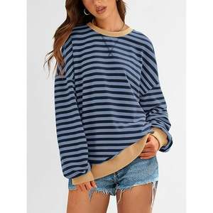 OEM Custom Logo Women's Striped Oversized Sweatshirt Color Block Crew Neck Long Sleeve Casual Loose Pullover Top <b>Y2K</b> Clothes - Product Image 3