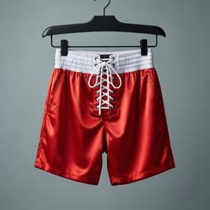Men's Red Boxing Shorts With White <b>Lace</b>-Up Front And <b>Elastic</b> Waistband Quick Dry Polyester Sportwear - Product Image 1