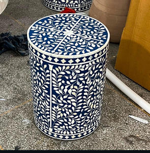 Taburete de mesa auxiliar con incrustaciones de hueso Floral de lujo de alta calidad azul marino diseño moderno más buscado para el hogar, oficina y sala de estar - Product Image 1