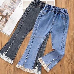 Pantalones vaqueros casuales para niñas con lazo y bordado, diseño de pierna ancha en negro, novedad para estudiantes de secundaria, para primavera y otoño, en stock. - Product Image 1