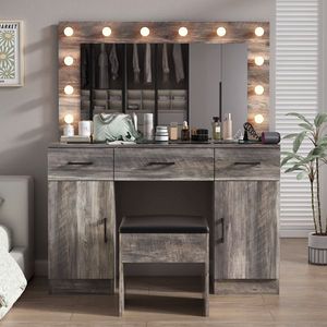 Large Lighted <b>Mirror</b> <b>Makeup</b> Vanity Desk Set with 3 Drawers 2 Cabinets Wood Top Vanity Table for Dressing Power Outlet Included - Product Image 1