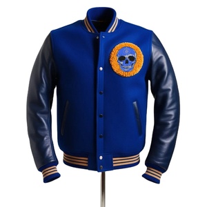 Meilleure vente Veste universitaire classique bicolore bleu Corps en laine mélangée avec logo personnalisé brodé Veste à manches en cuir PU - Product Image 4