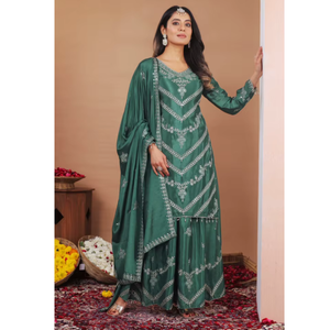 Ladies Fine Crepe Dual <b>Sequin</b> Work <b>Top</b> Plazo Matching Dupatta Set Stitched Indian Ethnic Wear Three Piece <b>Party</b> Suit - Product Image 1