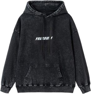 Sweat-shirt à capuche oversize pour homme, noir, en coton French Terry délavé à l'acide, imprimé Freedom, décontracté, pour l'automne - Product Image 1