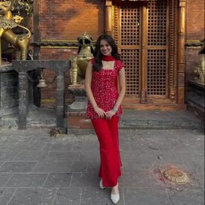 Traje de Fiesta Moderno con Pantalón Bootcut, Dupatta de Georgette con Bordado de Hilo y Lentejuelas, Secado Rápido, para Todas las Temporadas - Product Image 1