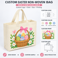 Sacola de Tecido Não Tecido com Estampa de Coelhinho da Páscoa, Cesta de Ovos e Tulipas, Personalizável com Logotipo, Ecológica, Reciclável e Reutilizável para Presentes