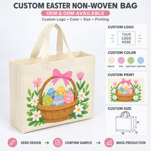 Sac fourre-tout en tissu non tissé imprimé lapin de Pâques, panier d'œufs, tulipes et prairie, avec logo personnalisé, écologique, recyclable, réutilisable, cadeau - Product Image 6