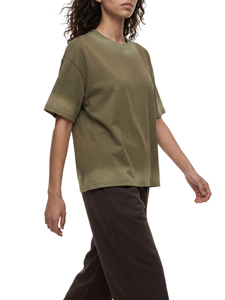 Camiseta Oversize de Cuello Redondo para Mujer, Verde Oliva, 100% Algodón, Corte Holgado, Manga Corta, Color Sólido, Lavado Ácido, Ribete en Contraste - Product Image 6