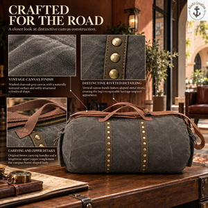 <b>Charcoal</b> Grey Canvas Duffel <b>Bag</b> with Rivet Detail Straps | Vintage Barrel Weekender Holdall with Brown Handles and Zip Fastener - Product Image 5