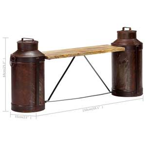 Banc en bois de manguier massif et fer recyclé, design bouteille de lait brun naturel, pour mobilier de salle à manger - Product Image 5