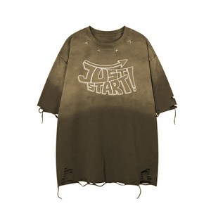 Camiseta Unisex Verde Oliva Oversize con Detalles Recortados y Estampado 'Just Start', Cuello Redondo, Corte Holgado, Estilo Urbano, OEM - Product Image 1