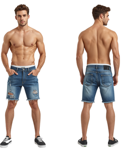Shorts Bermuda en jean déchiré pour homme, taille mi-haute, fermeture boutonnée, style décontracté, design déchiré, tissu 100% coton tissé - Product Image 3
