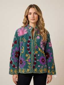 Women's Teal Blue Velvet Suzani Embroidered <b>Reversible</b> <b>Jacket</b> Full Sleeves Handmade Boho Ethnic Fashion Outerwear - Product Image 2