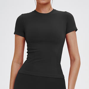 Camiseta de Manga Corta para Mujer, Cuello Redondo, Corte Ajustado, Tejido de Punto, 100% Algodón, Color Sólido, Transpirable, Primavera Verano - Product Image 3