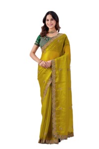 Sari indien traditionnel en soie de chiffon RN, vert, avec blouse brodée et dupatta jaune, pour mariage et fêtes, longueur standard pour femme - Product Image 2