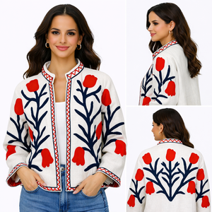 Floral Embroidered Quilted Windproof Eco-Friendly Cotton Bomber <b>Jacket</b> Full Sleeve Spring Boho Chic Women's Outerwear - Product Image 4