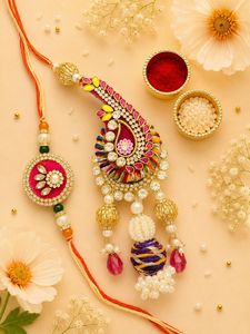 Juego de Rakhi de Diseño Artesanal con Adornos de Perlas para el Festival de Raksha Bandhan en Colores Rosa, Amarillo y Azul - Product Image 3