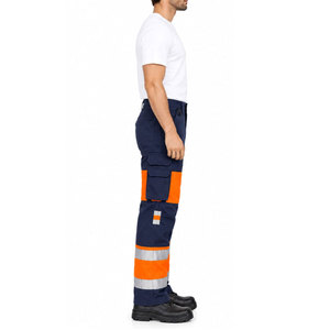 Pantalon de travail bleu marine pour homme avec bandes réfléchissantes orange et poches pour une visibilité accrue et une sécurité accrue - Product Image 2