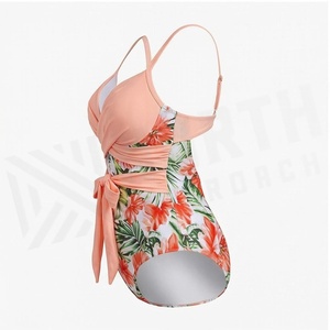 Women Floral Print One Piece Swimsuit Crossed Halter Twist Front High Waist With Bow Detail Stretch <b>Bikini</b> Beachwear - Product Image 3