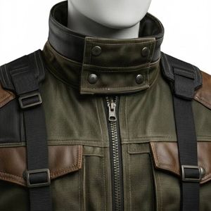 dark green and <b>brown</b> Kuroblade S.T.A.L.K.E.R. cosplay <b>jacket</b> with black detailing and <b>leather</b> patches - Product Image 3
