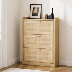 Meuble à chaussures de luxe en teck Japandi écologique, armoire à chaussures en rotin, rangement multi-niveaux, meuble d'entrée pour villa - Product Image 1