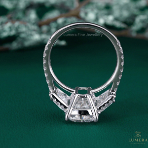 Sophisticated <b>Custom</b> <b>Ring</b> Featuring Cushion Cut Center Diamond with Tapered Baguette and Round Accent Stones VVS2 Clarity - Product Image 2