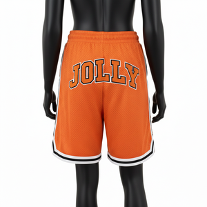 Pantalones Cortos de Baloncesto Ligeros de Malla de Poliéster de 180 GSM, Color Naranja Vibrante, Parche Bordado, Dobladillo con Rayas - Product Image 2