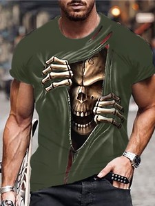 T-shirt à manches courtes col rond unisexe pour homme, tricoté, style décontracté chic, imprimé graphique tête de mort Halloween, sans avis pour le moment - Product Image 4