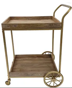 Kitchen Furniture Drinks Serving Trolley Cart 2 Tiers Trolley Wooden Cart Golden Metal Bar Cart With Wine Rack Beverage Service