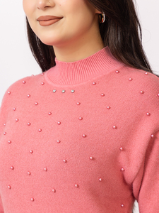 Suéter de Punto Sólido para Mujer, Cuello Alto, Manga Larga, con Detalle de Tachuelas, Estilo Casual de Invierno, Look Moderno - Product Image 6