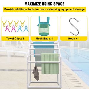 Portasciugamani da Esterno in PVC Autoportante con 5 Barre, Finitura Spazzolata, Gancio Porta Borsa per Aree Piscina, Interni ed Esterni - Product Image 5