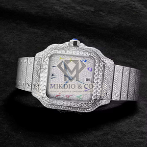 Montre à quartz carrée pour homme Mikdio, acier inoxydable, bracelet automatique de 20 mm, argent, style hip-hop, cadran serti de diamants, chiffres romains, date - Product Image 2